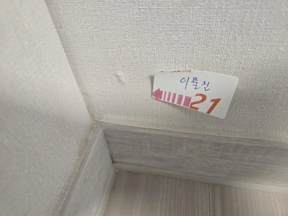 벽지 아래 이물질이 볼록하게 튀어나온 모습과 21번 이물질 스티커