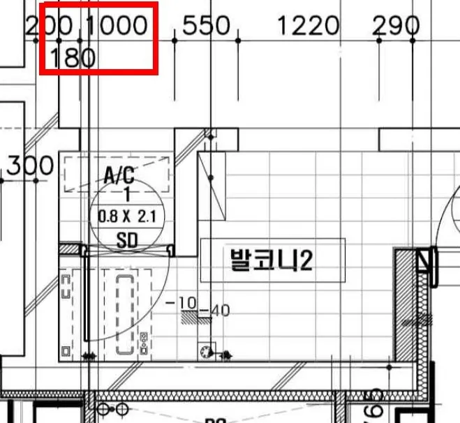 단위세대 평면도에 표기된 실외기실 폭 1,000mm와 벽체 180mm